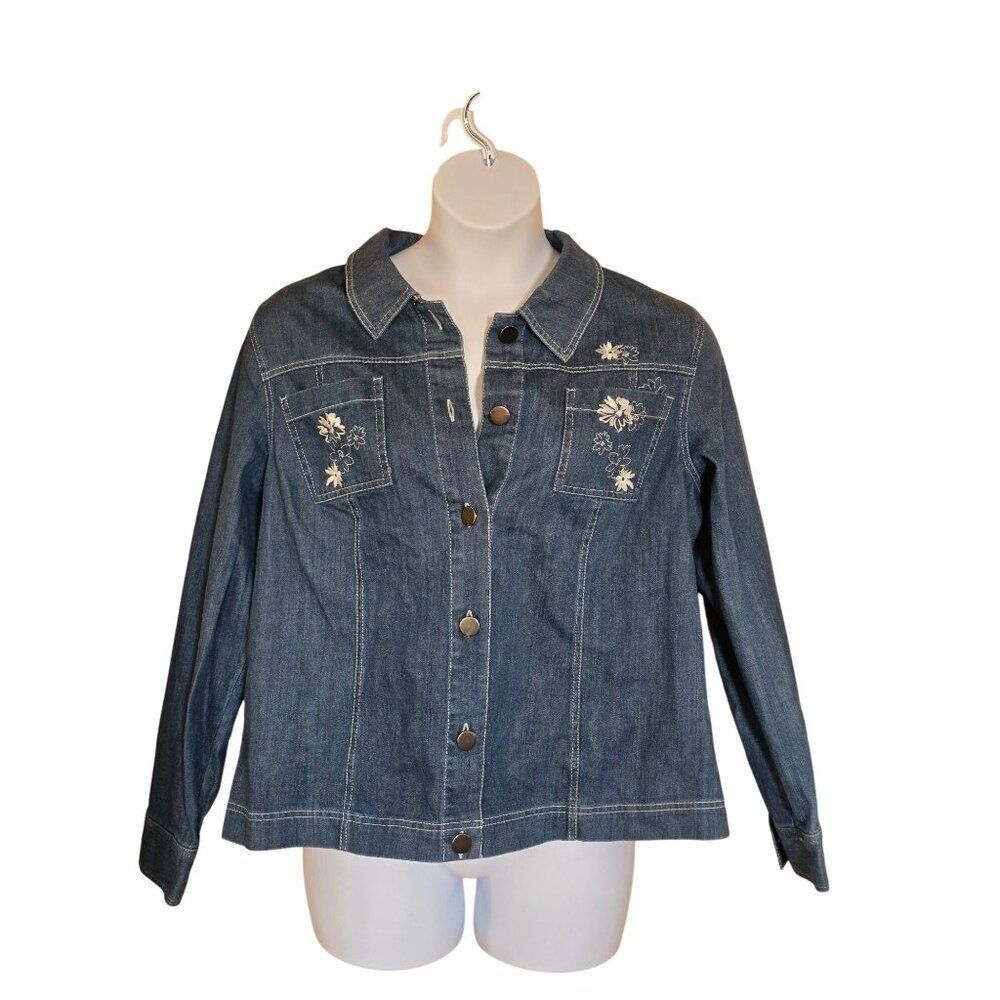 Vintage Denim Jacket Embroidered Pockets Button Front Long Sleeve grannycore